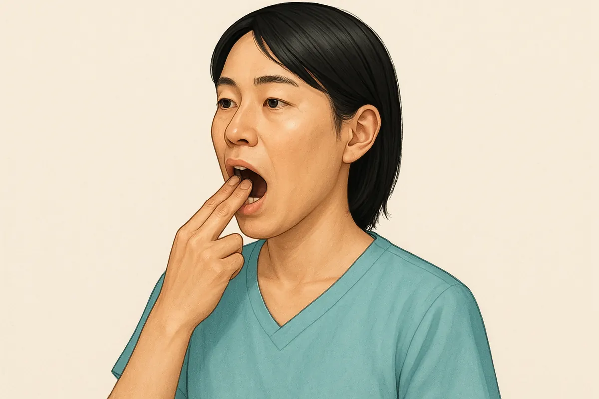 口の開き具合をセルフチェックする日本人の図。縦に重ねた指3本を上下の前歯の間に入れて開口量を確かめる様子
