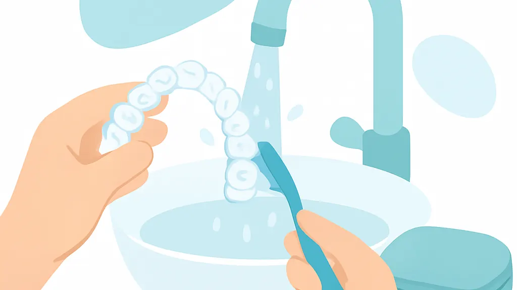 透明なマウスピースを流水と柔らかいブラシで洗い、専用ケースに保管する様子のイラスト
