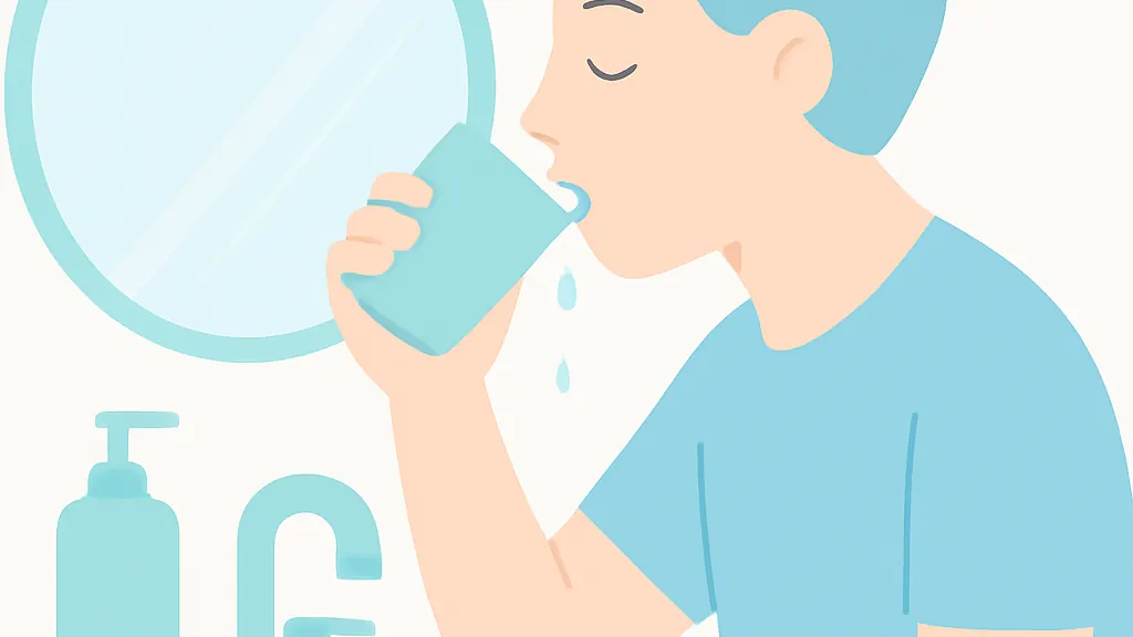 洗面所でコップの水を使ってやさしく口をすすいでいる場面のイラスト