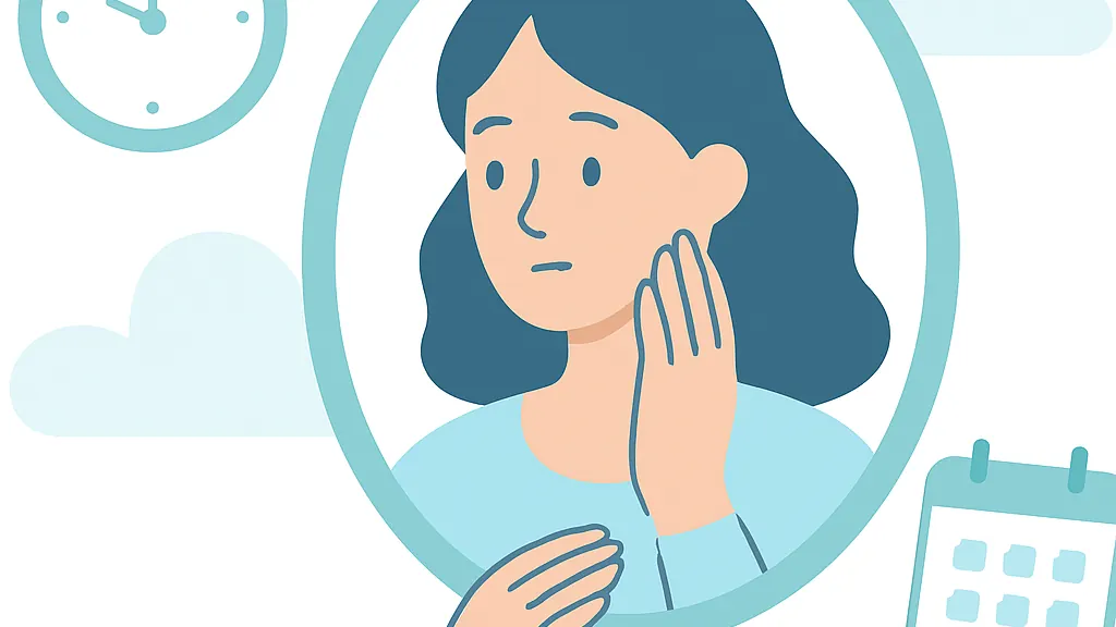 鏡で頬を確認する人と時計・カレンダーを組み合わせたイラスト