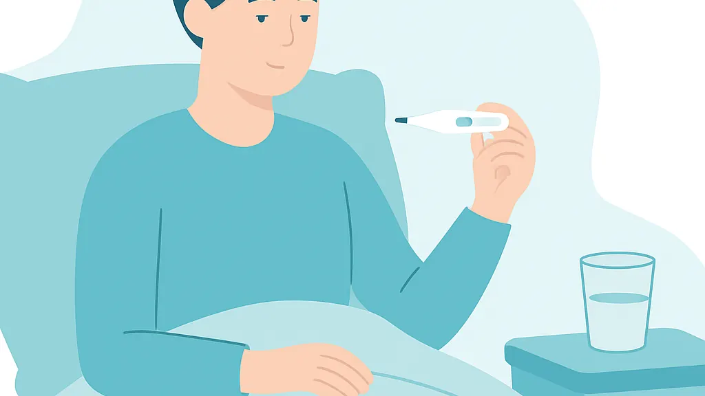 ベッドで体温計を手にして体温を確認している人のイラスト