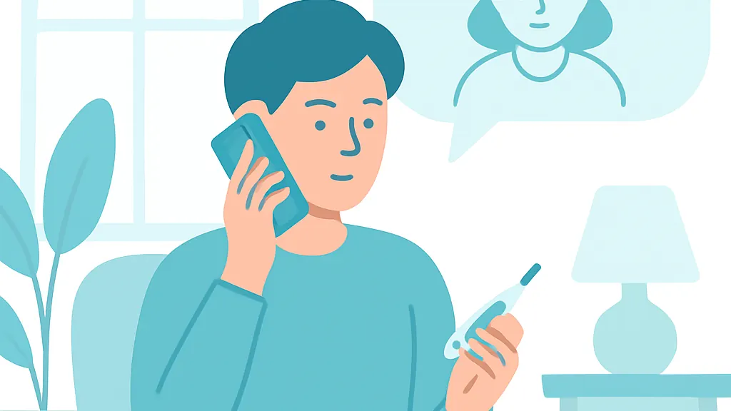 体温計を持ちながら歯科医院へ電話をかけている人のイラスト