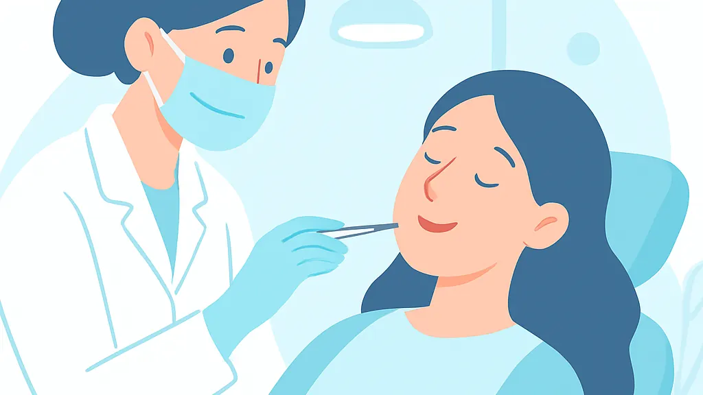 歯科医師が細いピンセットで処置を行い、患者が落ち着いた表情で座っているイラスト