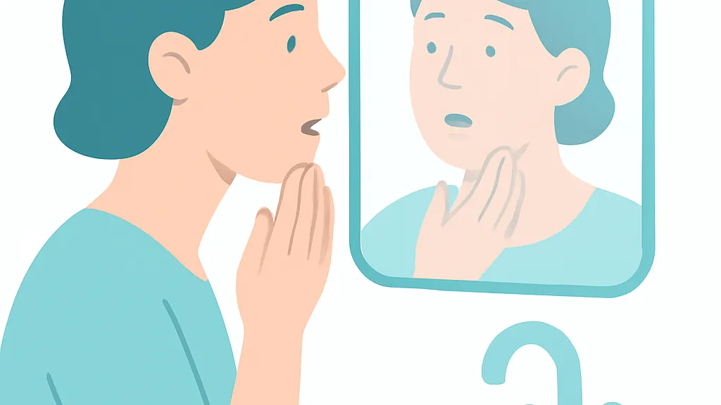 自宅の鏡の前で口を少し開けながらあごに手を当てている人のイラスト