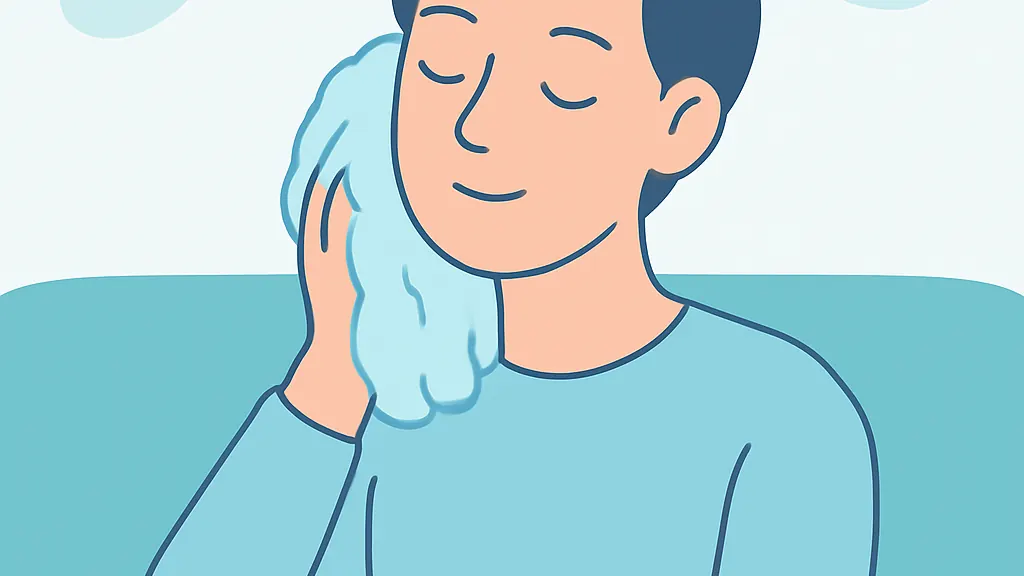 ソファに座って温かいタオルを頬に当てて休んでいる人のイラスト