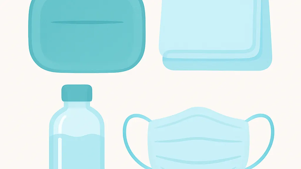 小さなバッグ、たたんだ布、水筒が明るい背景に並べられた準備品のイラスト