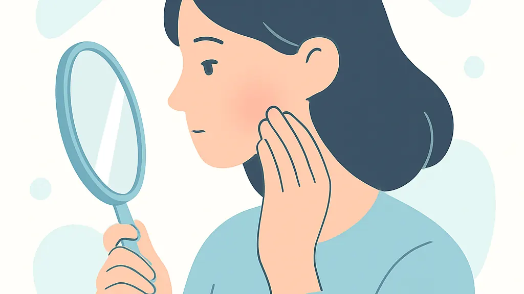 自宅で手鏡を見ながら頬の状態を確かめている人のイラスト