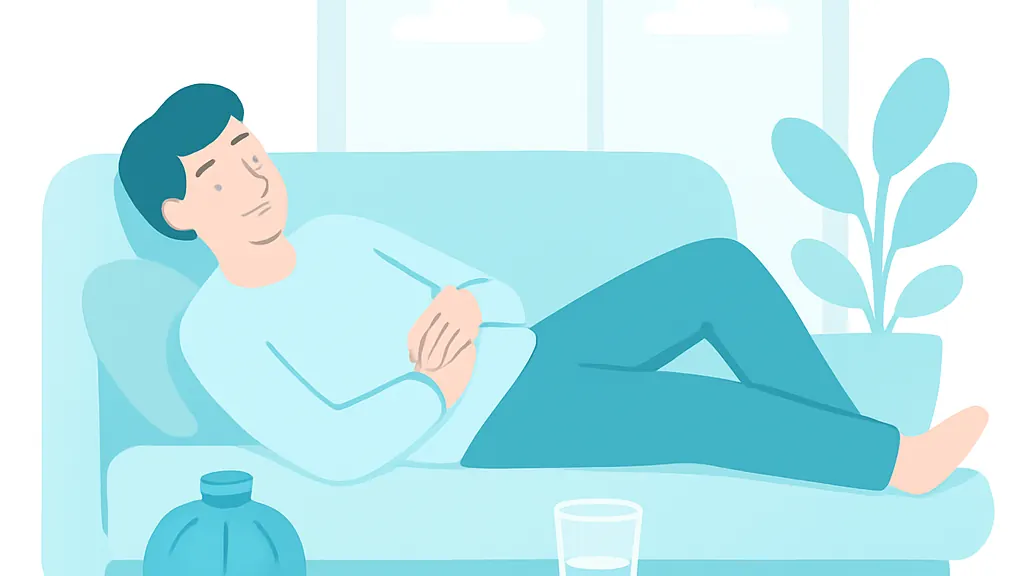 ソファで休む人のそばに冷却材と水の入ったグラスが置かれたイラスト