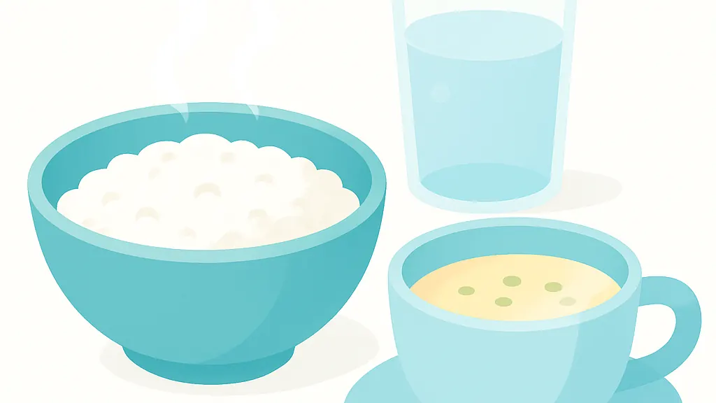 温かいおかゆとスープ、水の入ったグラスがテーブルに置かれているイラスト