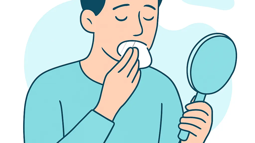自宅で清潔なガーゼを噛んで止血している人のイラスト