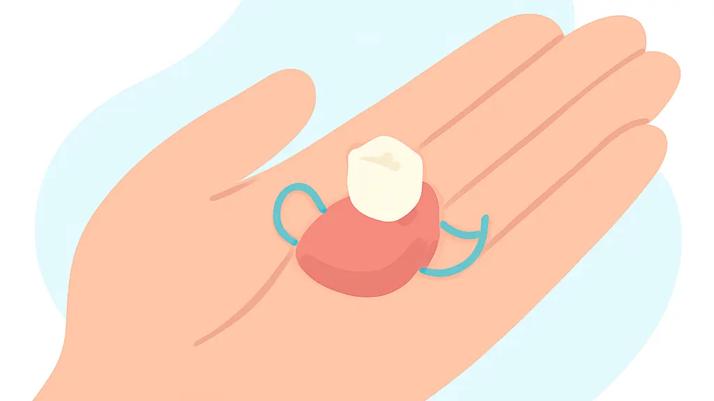 人工の歯が1本だけついた小さな部分入れ歯を手のひらに乗せたイラスト