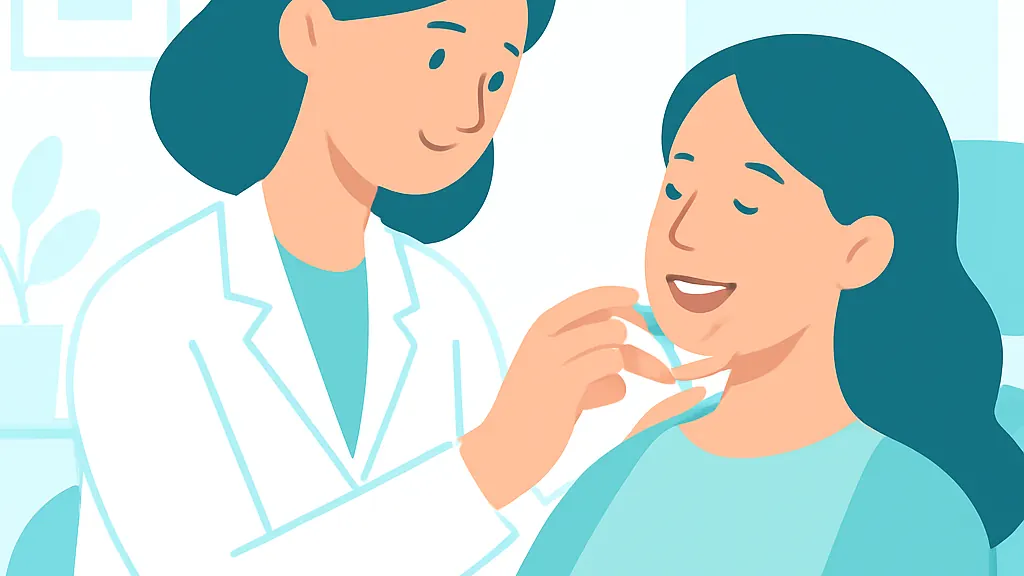 完成した部分入れ歯を歯科医師が口の中で調整している場面のイラスト