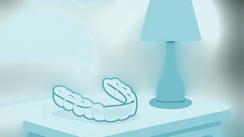 矯正後の前歯を保つための透明なリテーナーと夜のベッドサイドを描いたイラスト