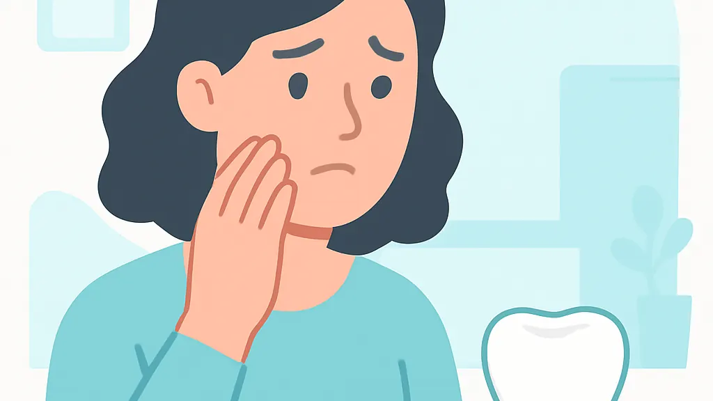 頬に手を当てて被せ物の破損を心配している人のイメージイラスト