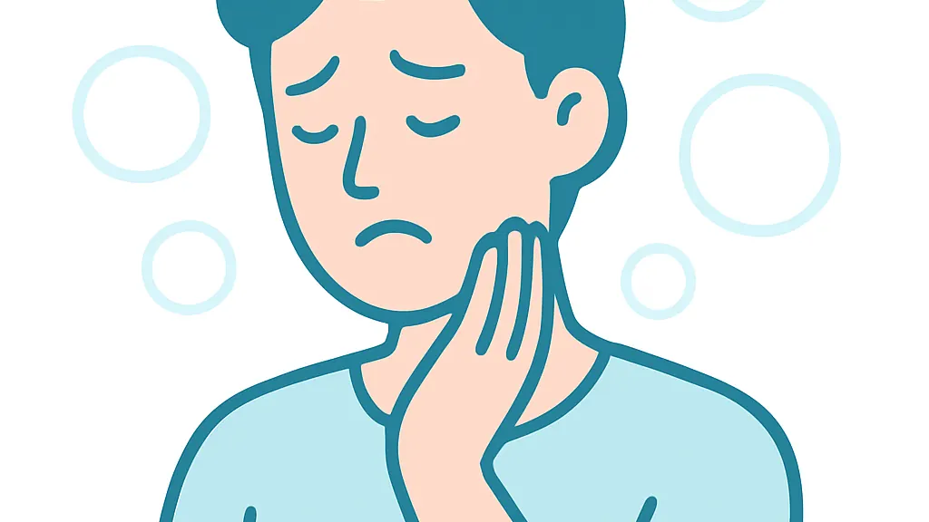 下あごの奥に手を当てて困った表情をしている人と、繰り返しを示す円形のしるしのイラスト