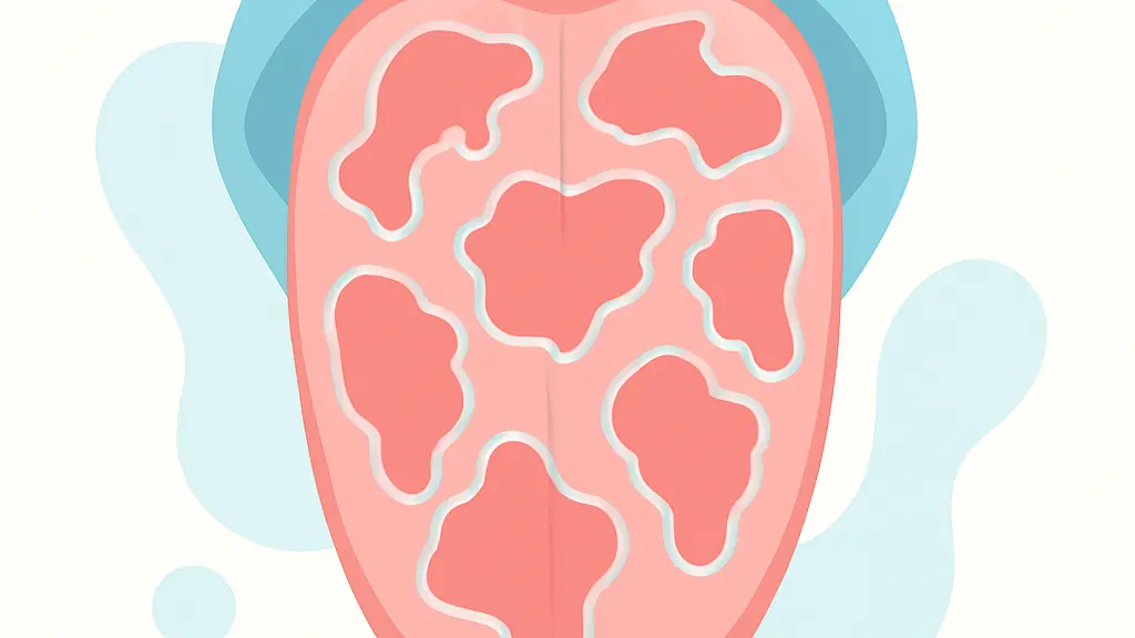地図のような赤い斑と白い縁取り、深い溝が見られる舌を上から描いたフラットイラスト