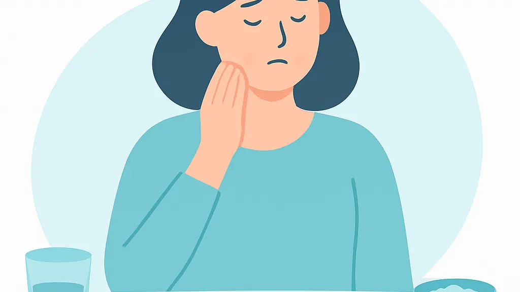 食事中にあごの下の腫れに手を当てている人のイラスト