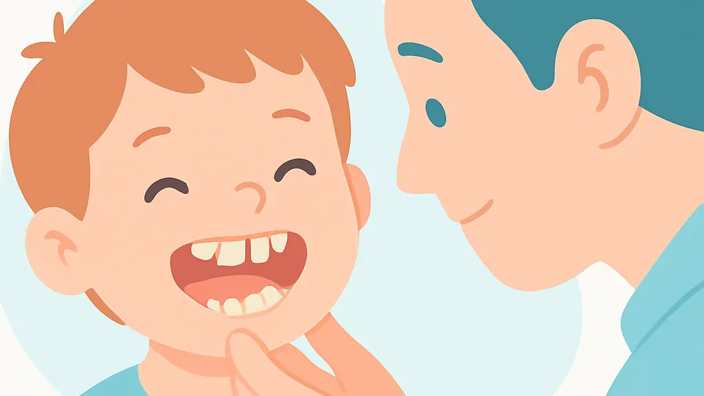 生えたばかりの大きな永久歯と小さな乳歯が並んでいる子どもの口元のイラスト