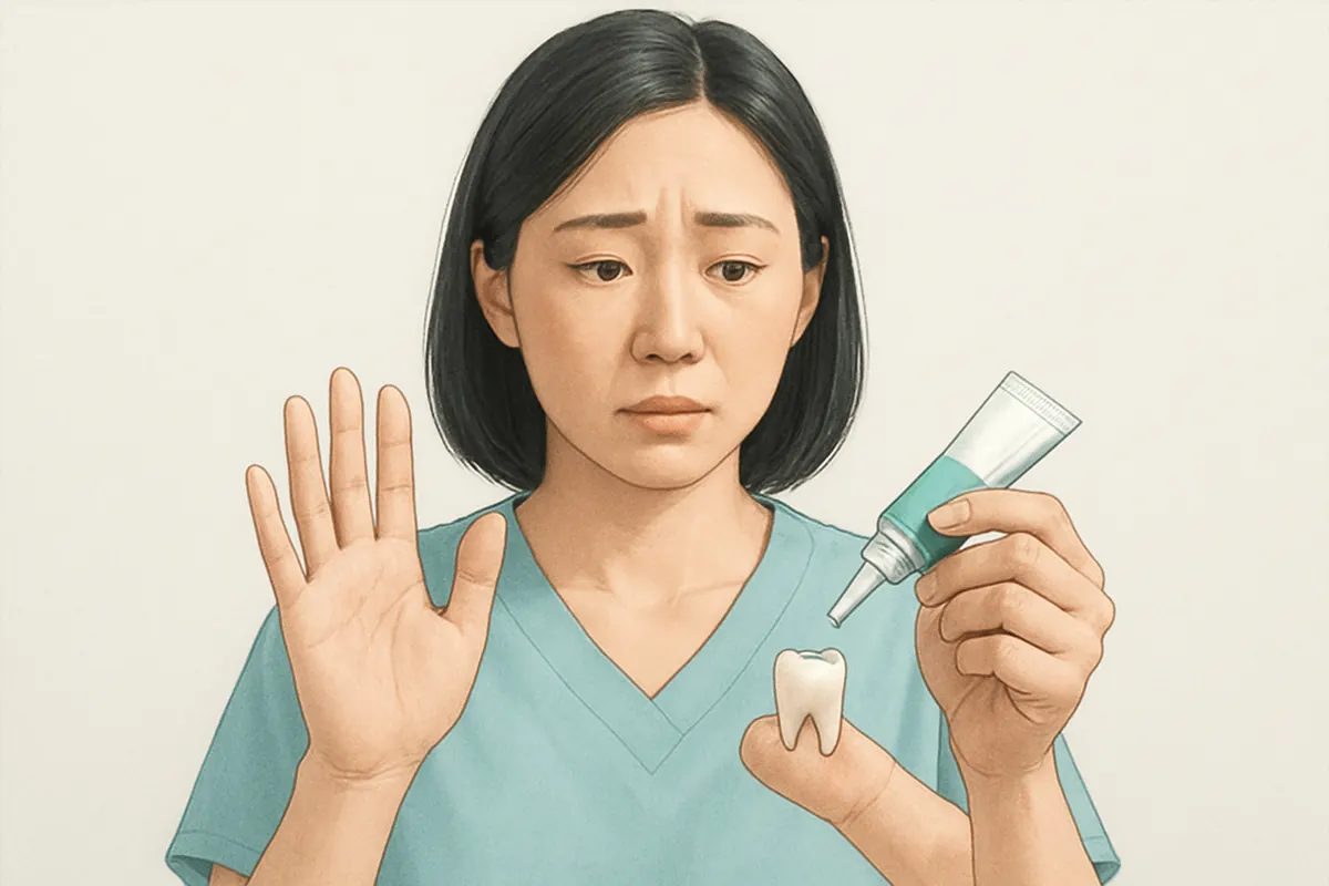 やってはいけない行動の図。市販の瞬間接着剤や家庭用接着剤で取れた銀歯を自分で着け直さないよう注意を促す様子