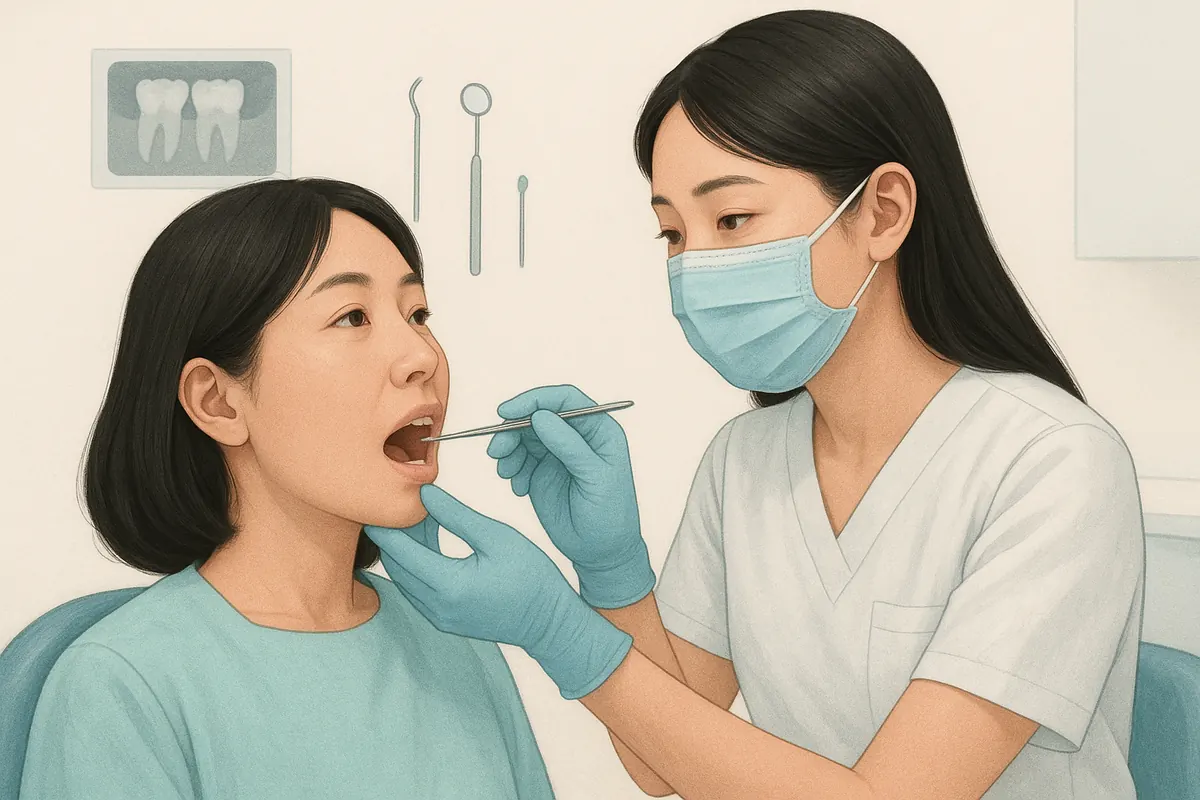歯科医院でしみる原因を調べる検査の図。日本人の歯科医が患者を診察し、レントゲンや探針・冷たい刺激の検査などを組み合わせて確認する様子
