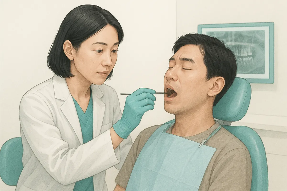 歯科医院で歯ぐきの腫れの原因を調べる検査の図。日本人の歯科医が歯周検査の器具で患者の歯ぐきを診査し、背景にレントゲン画像が映っている様子