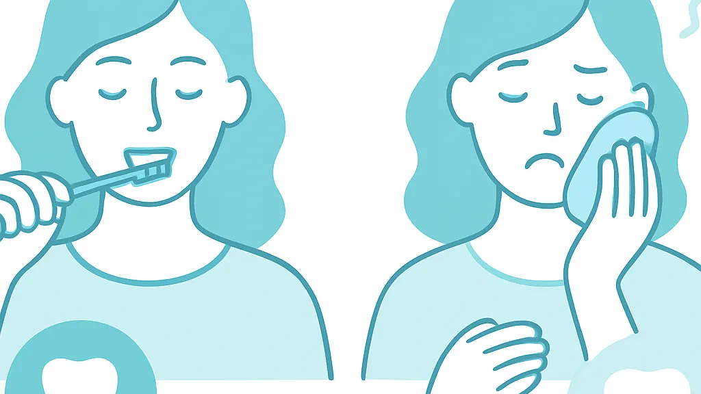 歯ぐきが痛いときに家庭でできる対処(やわらかい歯ブラシで清潔に保つ・冷やす・休養)とやってはいけない対処を比較した名古屋の歯科解説図