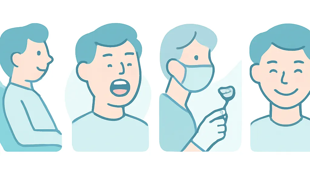 椅子に座る・口を開ける・歯を数えるなど診察の手順を順番に描いた絵カードのイラスト