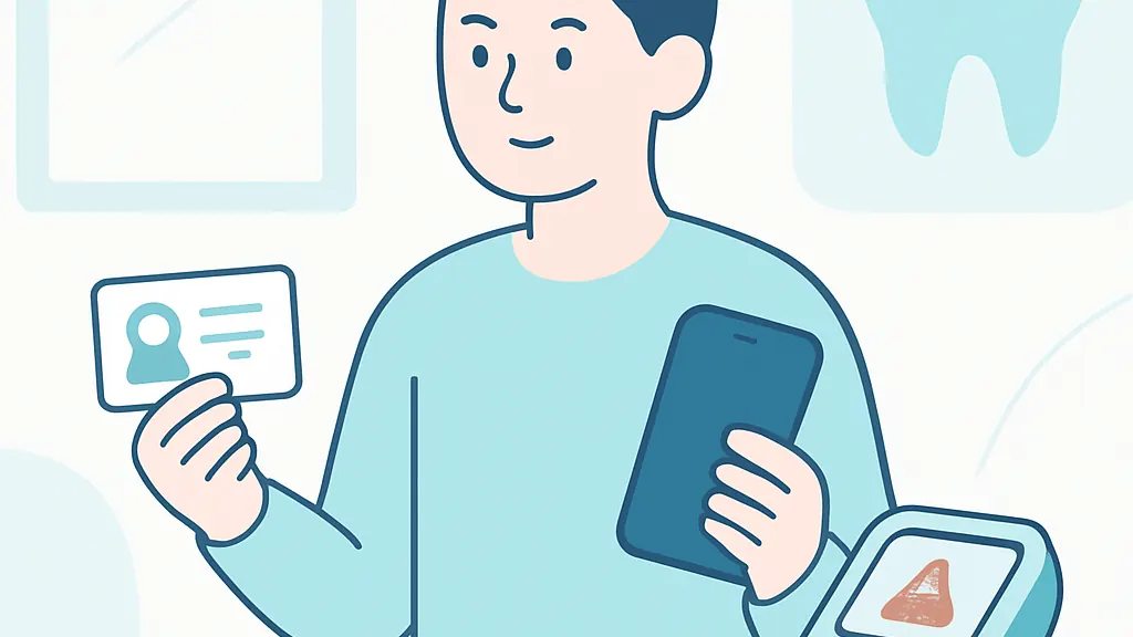 歯科医院の受付でマイナンバーカードの読み取りがうまくいかず戸惑う人を描いたフラットイラスト