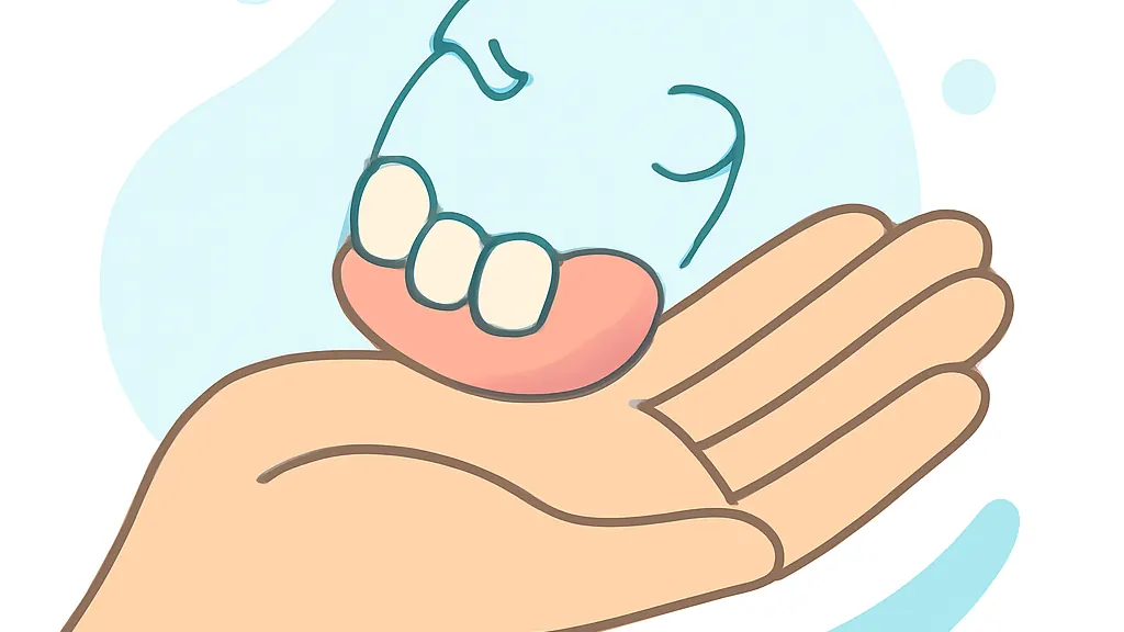 金属のバネが折れた部分入れ歯を手のひらに乗せているイラスト
