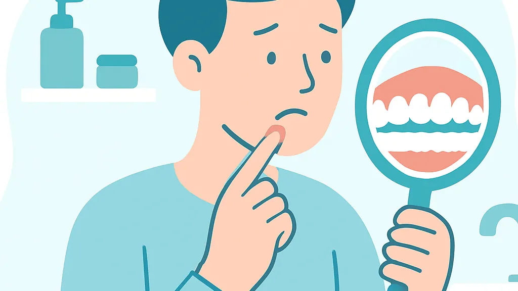 入れ歯が当たって痛む場所を鏡で確認している場面のイラスト