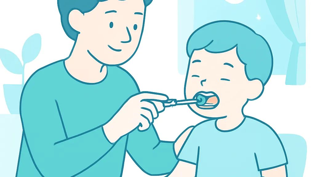 保護者が子どもの口の中の拡大装置のネジを専用キーで回している様子