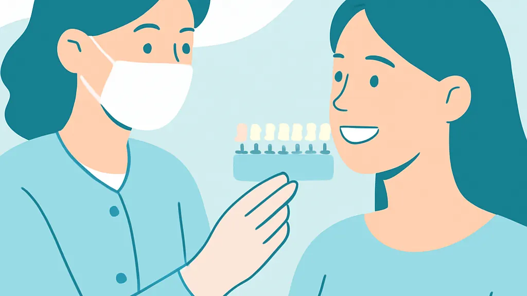 歯に色見本を当てて被せ物の色を選んでいる様子のやわらかいイラスト