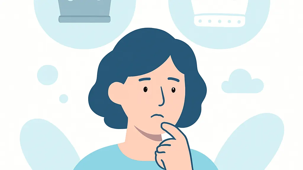 銀歯と白い被せ物の間で迷う様子を描いたやわらかいイラスト