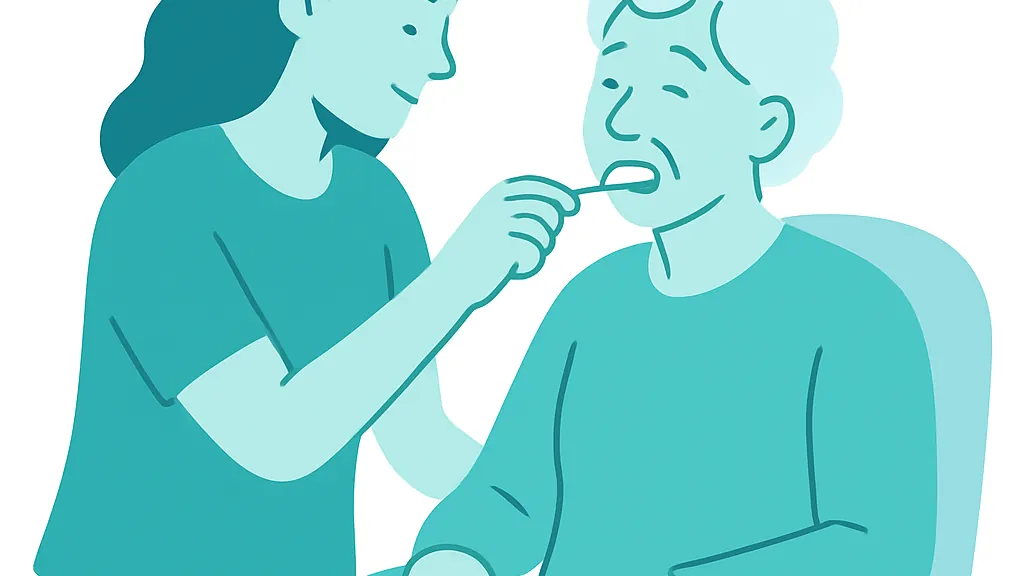 介護を受ける高齢者の口腔ケアを家族が手伝う場面を描いたフラットイラスト
