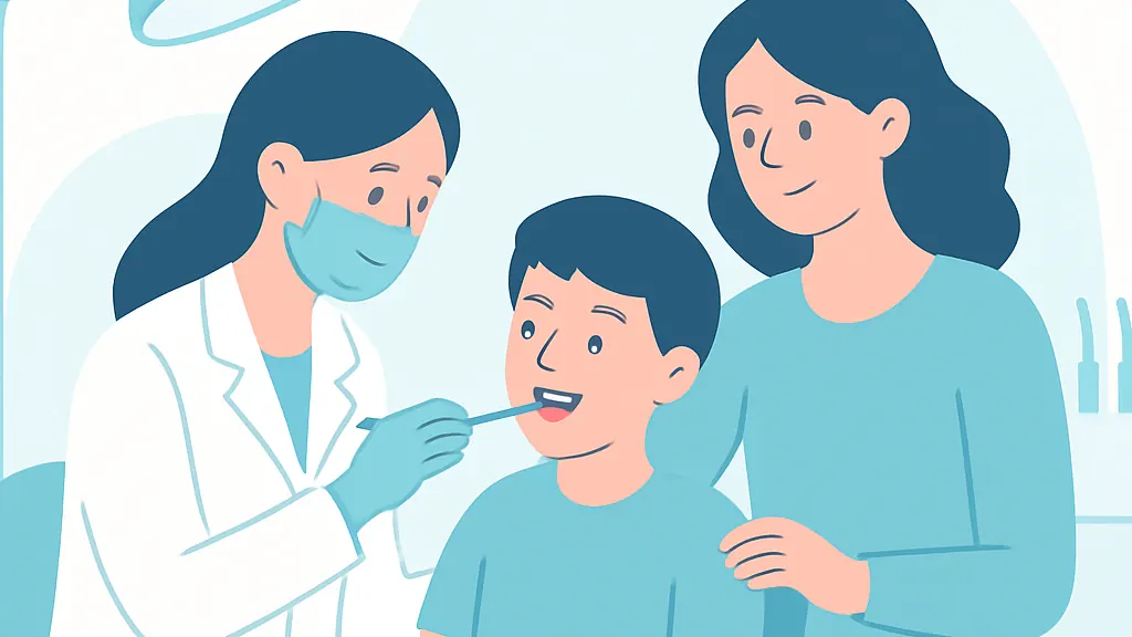 保護者と一緒に歯科健診を受けている子どものイラスト