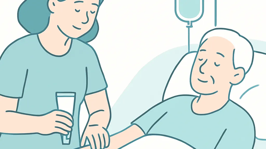 経管栄養を受けている方の口腔ケアを家族が保湿ジェルで行う場面のフラットイラスト