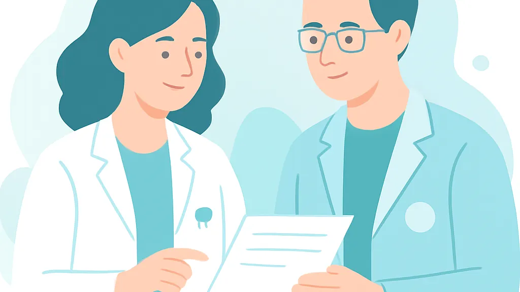歯科医師と皮膚科医が経過を共有して次の方針を相談しているイラスト
