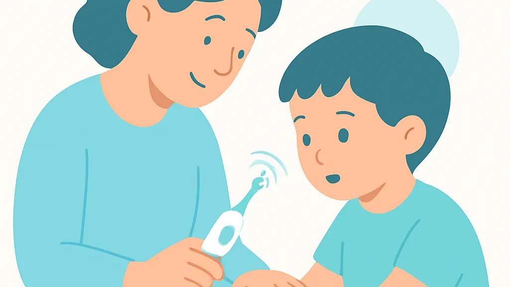 スイッチを入れた電動歯ブラシを子どもの手の甲に当てて振動に慣らしている場面のイラスト