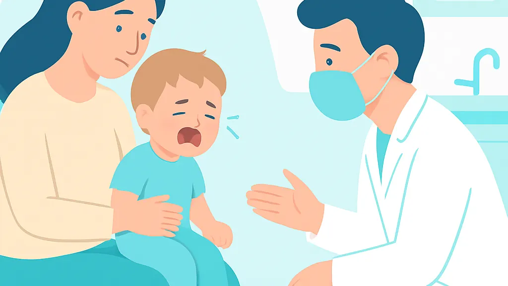 歯科の診療室で泣いている幼児を母親が抱き、歯科医師がしゃがんで目線を合わせて話しかけているイラスト