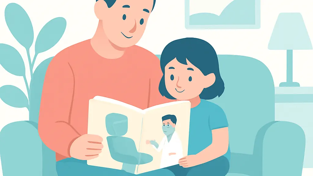 保護者が幼児に絵本を見せながら歯医者について話している場面のイラスト