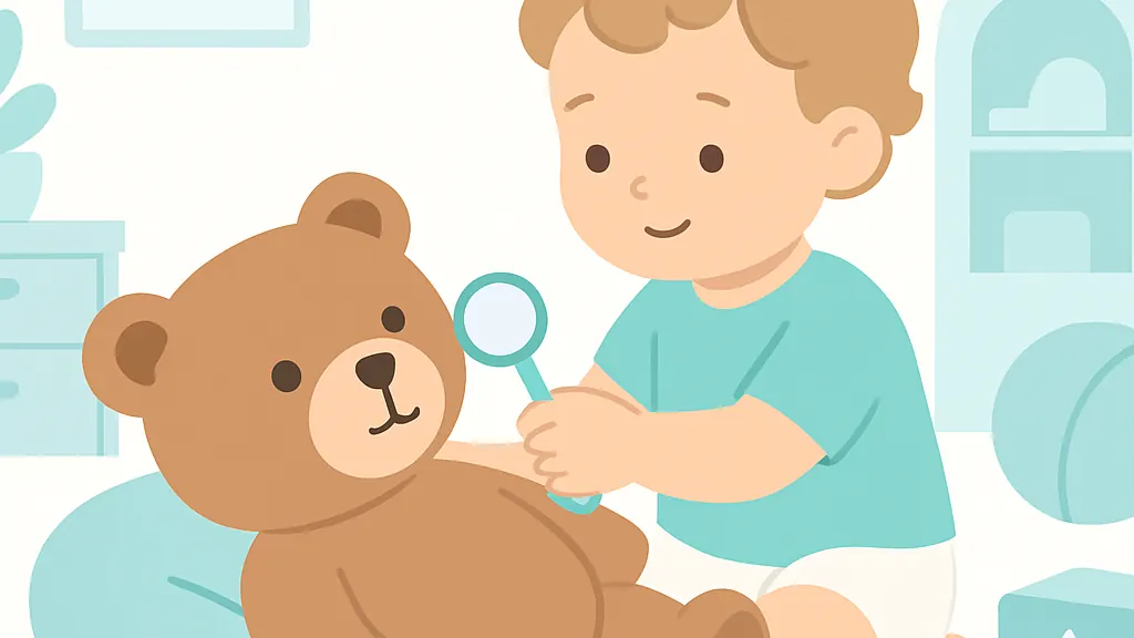 子どもがぬいぐるみを患者役にして歯医者さんごっこをしている場面のイラスト