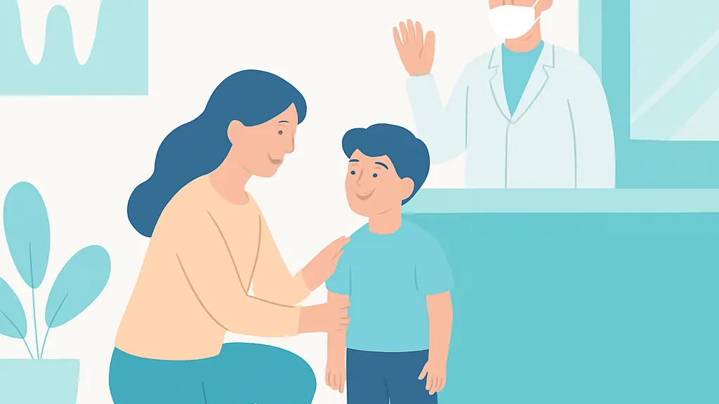 診察を終えた子どもを保護者がほめている歯科医院の受付前のイラスト