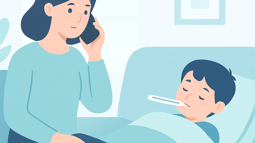 発熱や鼻づまりのある子どもを前に保護者が電話で歯科医院へ連絡している場面のイラスト