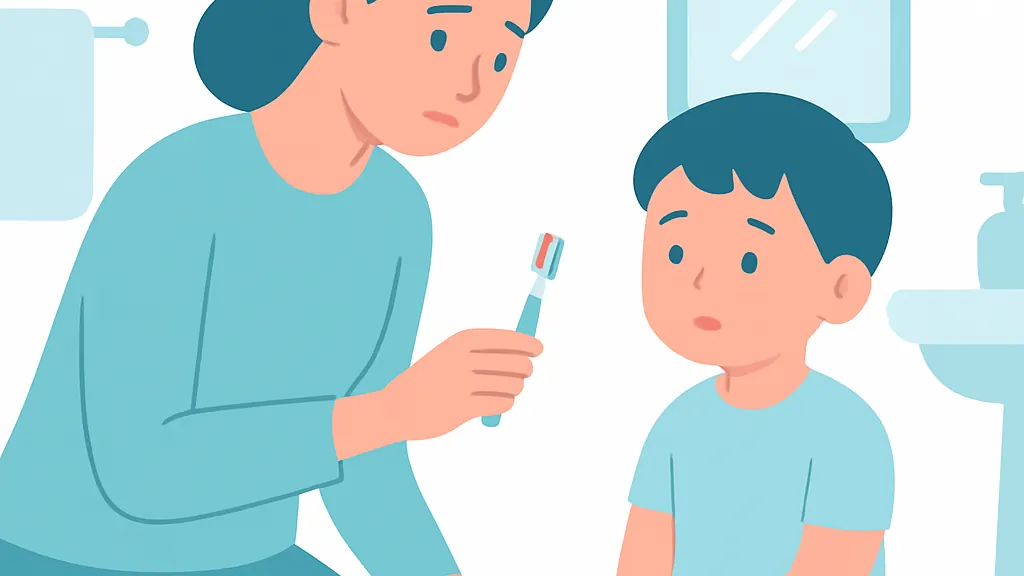 仕上げ磨きの歯ブラシに少量の血がついているのを見つけた保護者と子どものイラスト