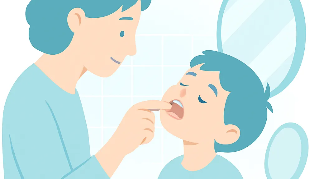 保護者が子どもの唇をめくって歯ぐきの色を確認している場面の図