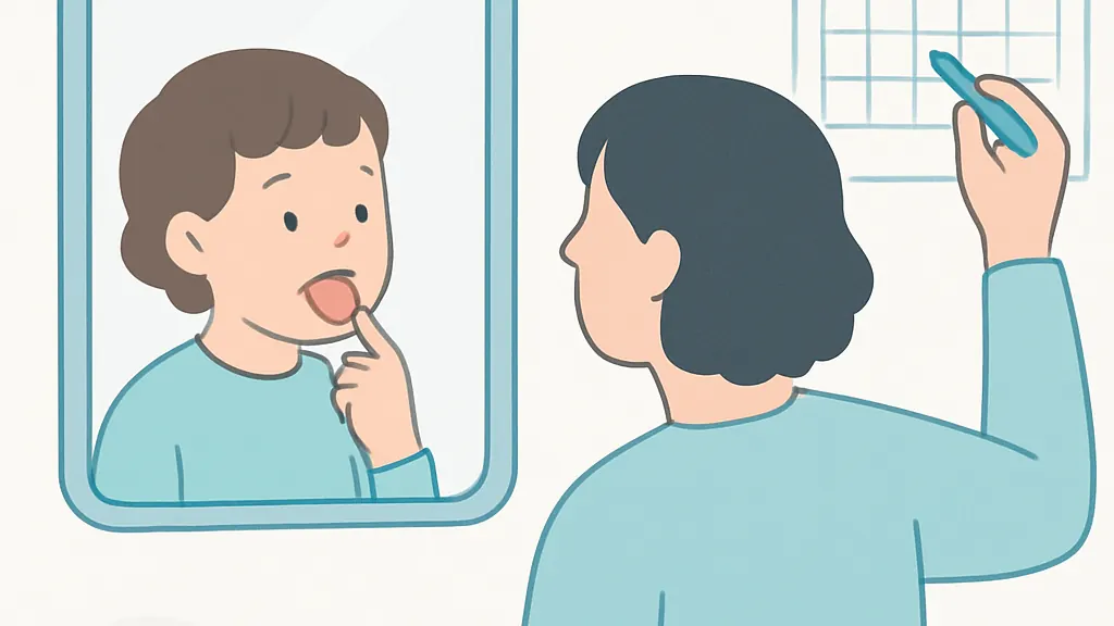 鏡の前で子どもが舌を上あごにつける練習をし、隣で保護者がカレンダーに印を付けている場面のイラスト