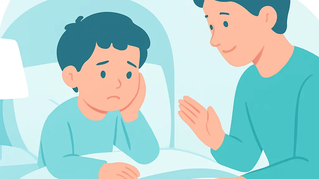 寝る前に取り外し式の矯正装置を前にして困った顔をする子どもと、隣で穏やかに声をかける保護者のイラスト