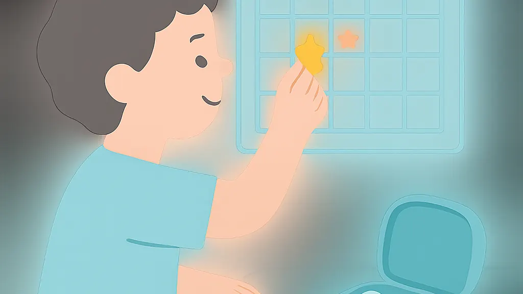 壁のカレンダーに星のシールを貼る子どもと、机の上に置かれた色つきの装置ケースのイラスト