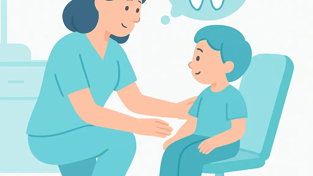 歯科医師が子どもに麻酔を「歯を眠らせるお薬」と説明し、体重計と麻酔の量の関係を示すイラスト