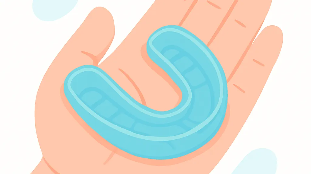 子どもの手のひらに載せた、やわらかいシリコン製のマウスピース型矯正装置のイラスト